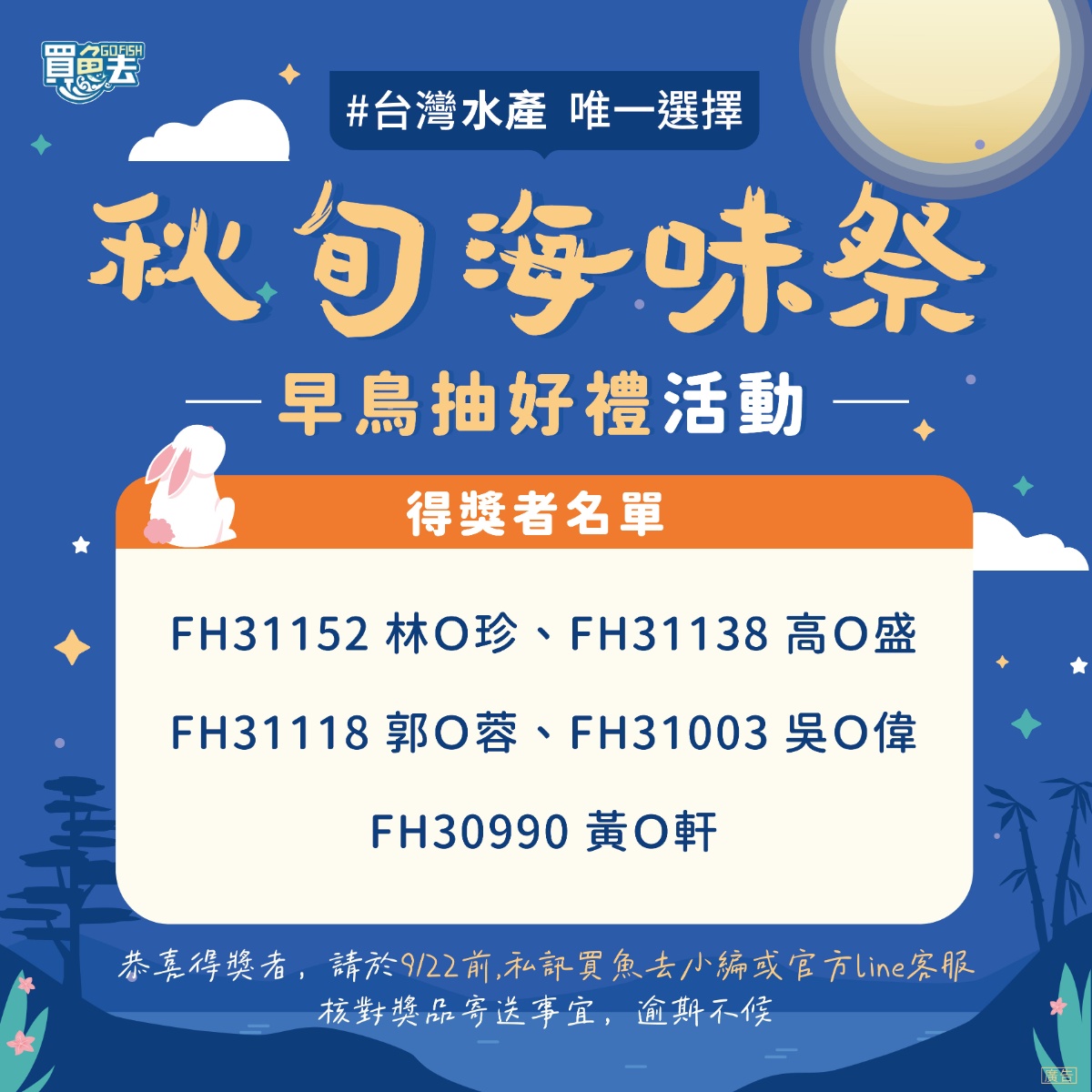 秋旬海味祭電烤盤 中獎公告